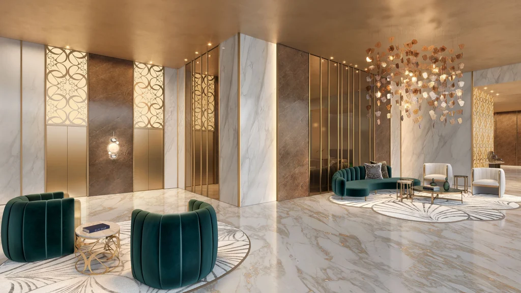 Perspectiva Ilustrada: Lobby Da Torre 1, Residências De 493 M² Do Saffire By Elie Saab