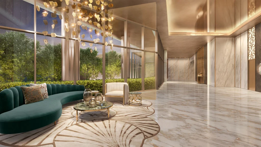 Perspectiva Ilustrada: Lobby Da Torre 2, Residências De 360 M² Do Saffire By Elie Saab